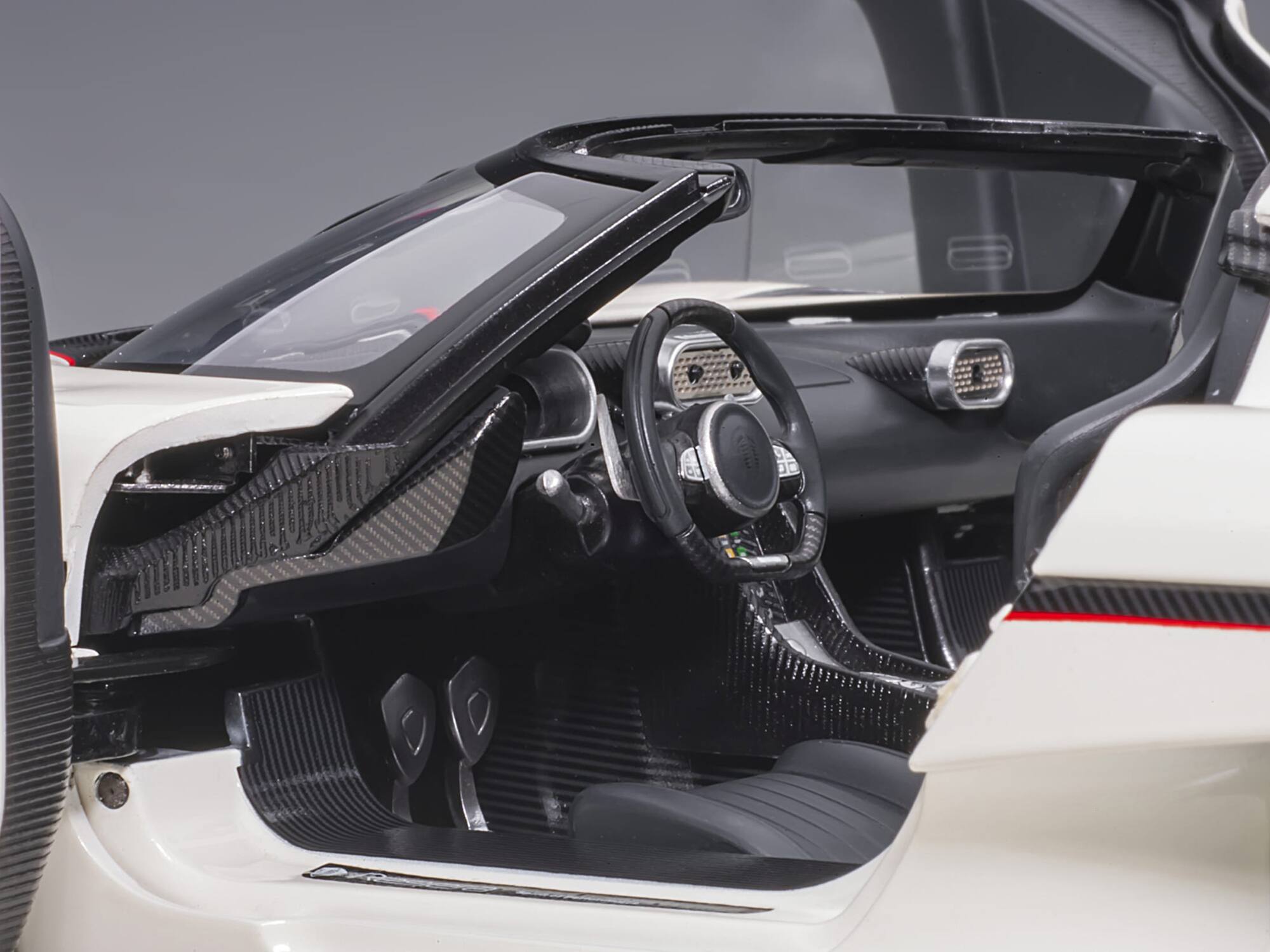 Alt View 3. Autoart - Koenigsegg Regera White with Black Carbon and Red Stripes 1/18  Model Car by Autoart.