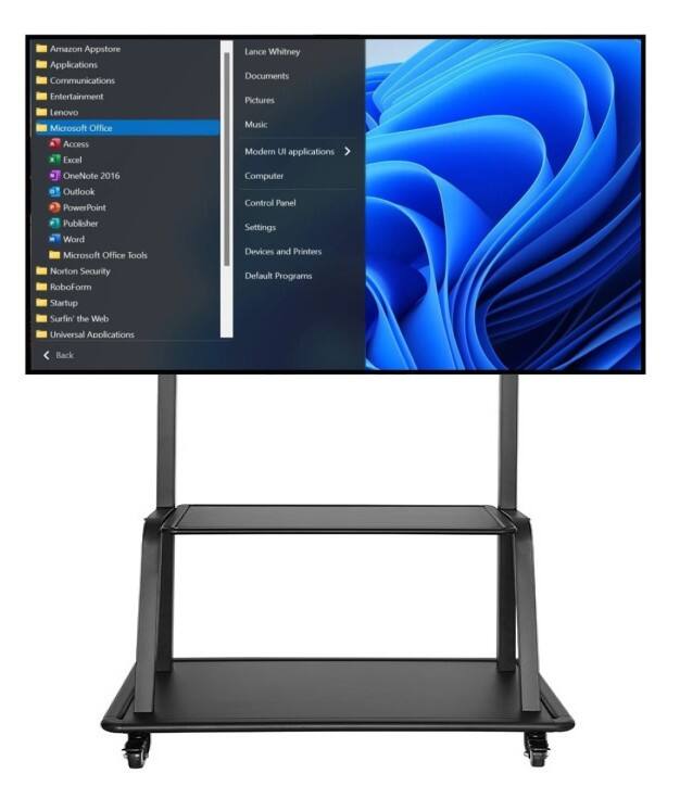 Amazon Appstore  
Applications  
Communications  
Entertainment  
Lenovo  
Microsoft Office  
- Access  
- Excel  
- OneNote 2016  
- Outlook  
- PowerPoint  
- Publisher  
- Word  
Microsoft Office Tools  
Norton Security  
RoboForm  
Startup  
Surfin' the Web  
Universal Applications  

Lance Whitney  
Documents  
Pictures  
Music  

Modern UI applications  
Computer  
Control Panel  
Settings  
- Devices and Printers  
- Default Programs  
- Startup  

Back