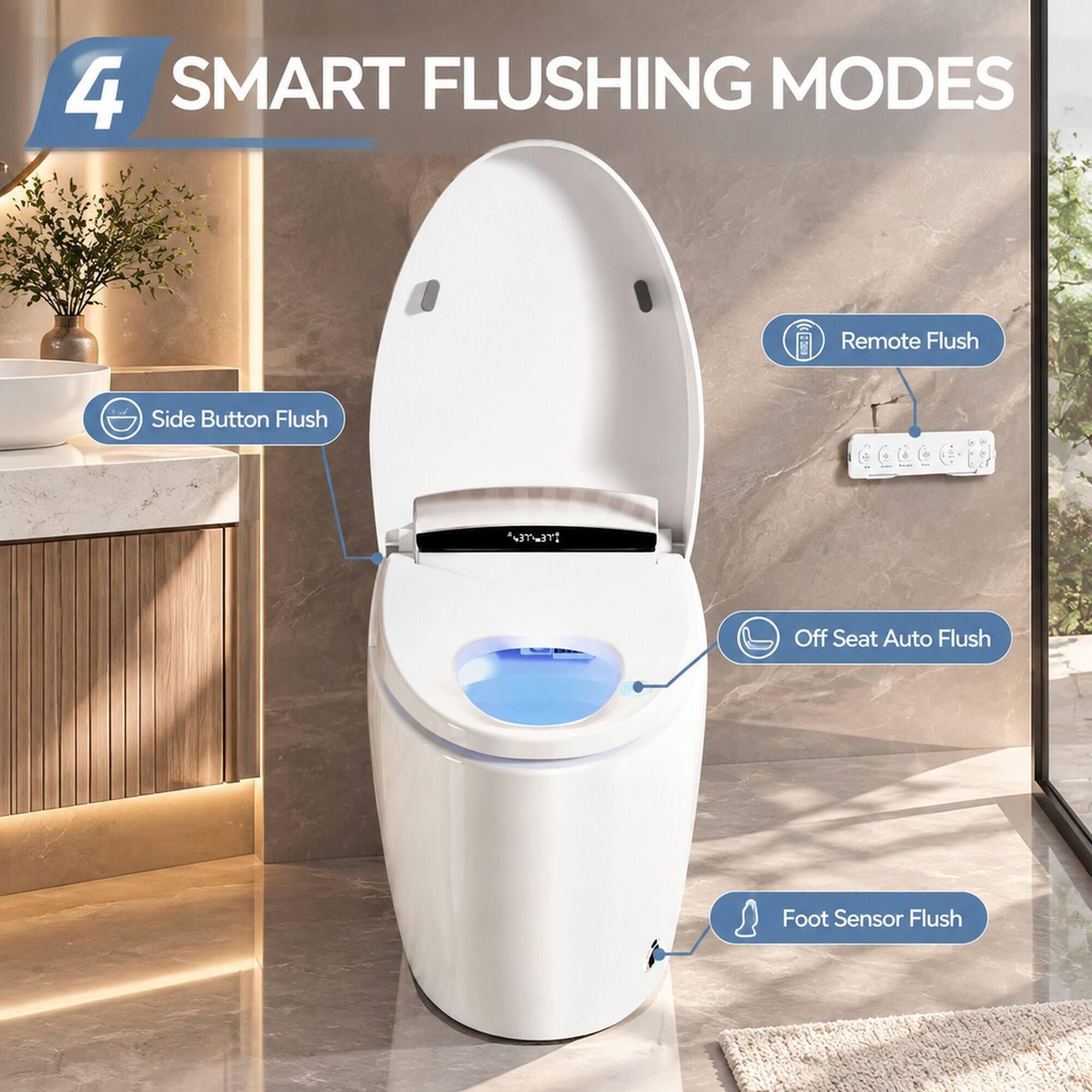 4 SMART FLUSHING MODES

- Remote Flush
- Side Button Flush
- Off Seat Auto Flush
- Foot Sensor Flush