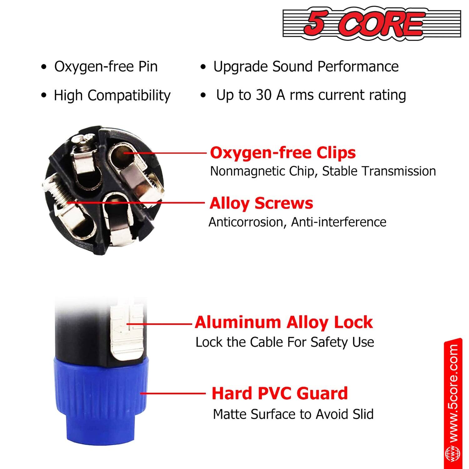 Here is the corrected and grouped text:

- **5 CORE Oxygen-free Pin**
  - High Compatibility
  - Upgrade Sound Performance
  - Up to 30 A rms current rating

- **Oxygen-free Clips**
  - Nonmagnetic Chip
  - Stable Transmission
  - Anticorrosion, Anti-interference

- **Alloy Screws**
  - Anticorrosion, Anti-interference

- **Aluminum Alloy Lock**
  - Lock the Cable For Safety Use

- **Hard PVC Guard**
  - Matte Surface to Avoid Slid

Website: [www.5core.com](http://www.5core.com)