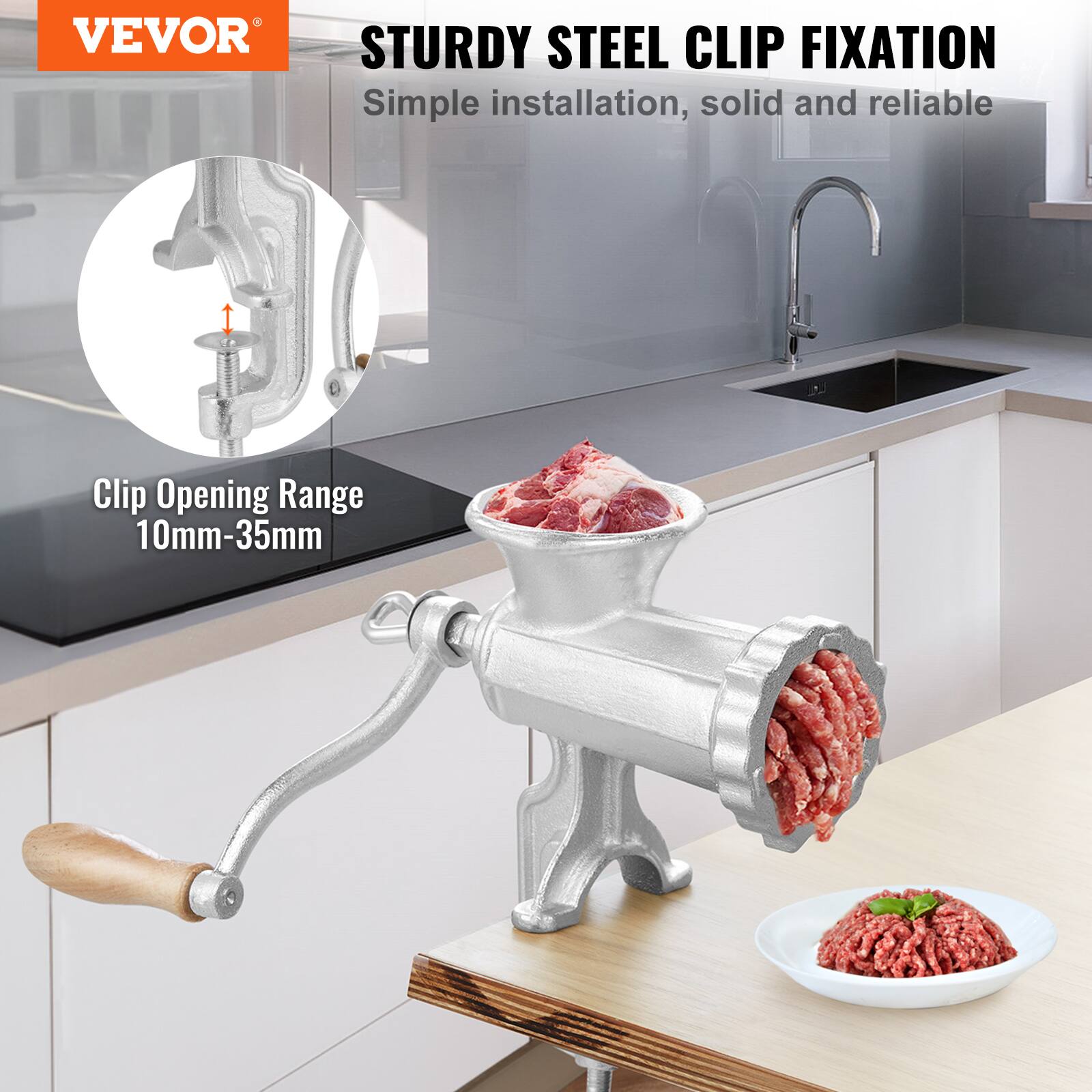 VEVOR  
STURDY STEEL CLIP FIXATION  
Simple installation, solid and reliable  
Clip Opening Range 10mm-35mm
