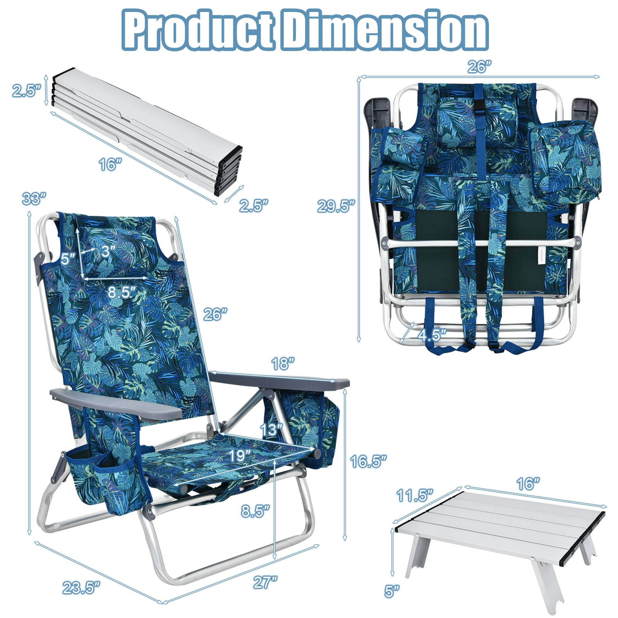 Sure, here is the corrected and grouped text from the image:

**Product Dimension**

- **Chair:**
  - Height: 33"
  - Width: 26"
  - Depth: 29.5"
  - Seat Height: 18"
  - Seat Width: 19"
  - Armrest Height: 5"
  - Armrest Width: 3"
  - Backrest Height: 26"
  - Backrest Width: 8.5"
  - Seat Depth: 16.5"
  - Footrest Height: 11.5"
  - Footrest Width: 16"
  - Footrest Depth: 5"

- **Table:**
  - Height: 4.5"
  - Width: 23.5"
  - Depth: 27"

- **Cooler:**
  - Height: 2.5"
  - Width: 16"
  - Depth: 2.5"