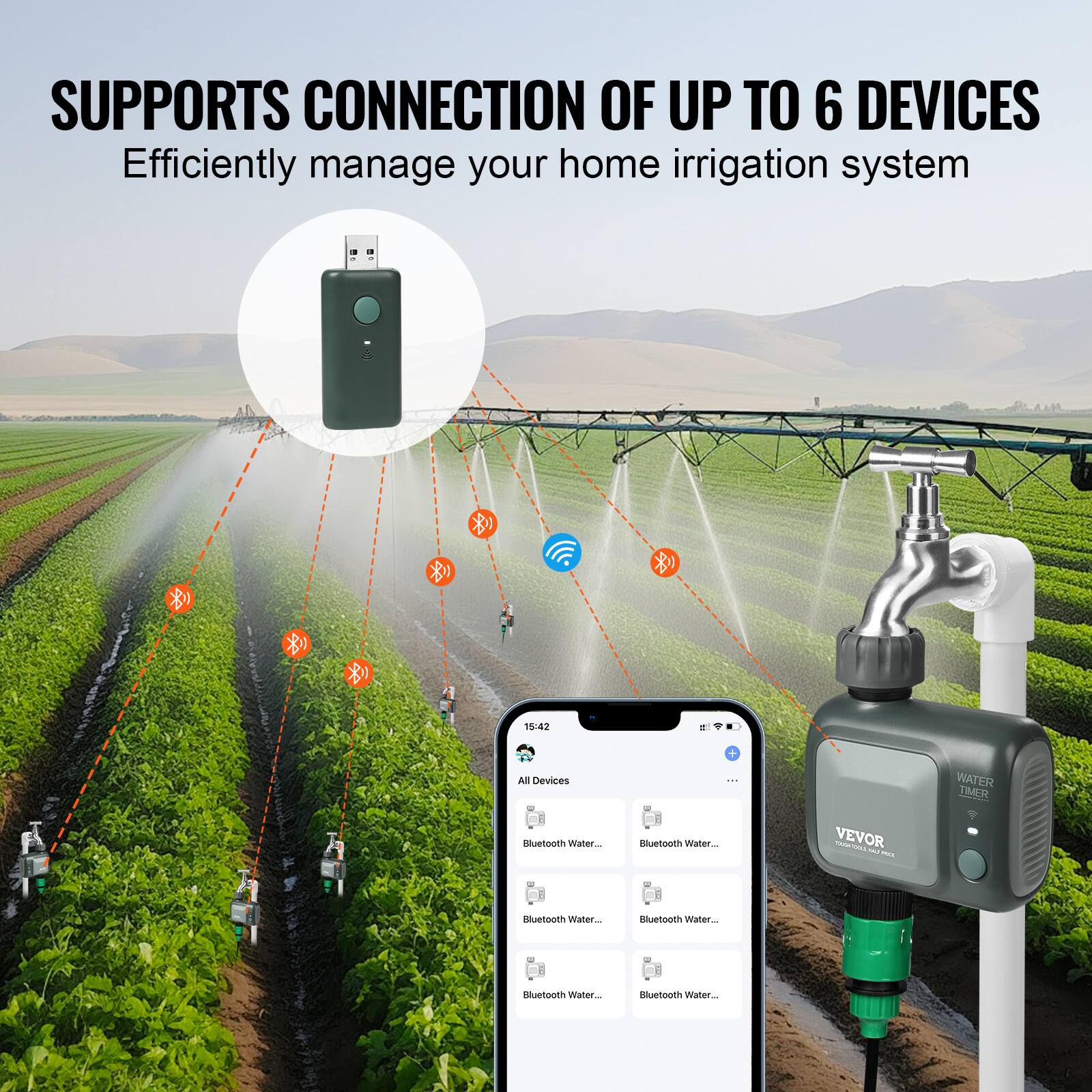 SUPPORTS CONNECTION OF UP TO 6 DEVICES  
Efficiently manage your home irrigation system  

All Devices  
- Bluetooth Water...  
- Bluetooth Water...  
- Bluetooth Water...  
- Bluetooth Water...  
- Bluetooth Water...  
- Bluetooth Water...