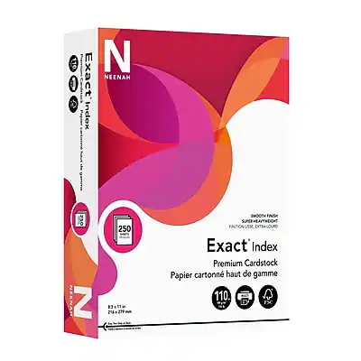 Sure, here is the corrected and grouped text from the image:
---
**Exact Index NEENAH**
**Premium Index Cardstock**
**Papier cartonné haut de gamme**
**110 g/m²**
**250 Sheets**
**Dimensions: 8.5" x 11" (216 mm x 279 mm)**
**Super Heavyweight**
**Entonnoir**
**Entralouro**
**Smooth**
**FXC**
**Exact Index**
**NEENAH**
---
This text is organized to reflect the information provided on the packaging.