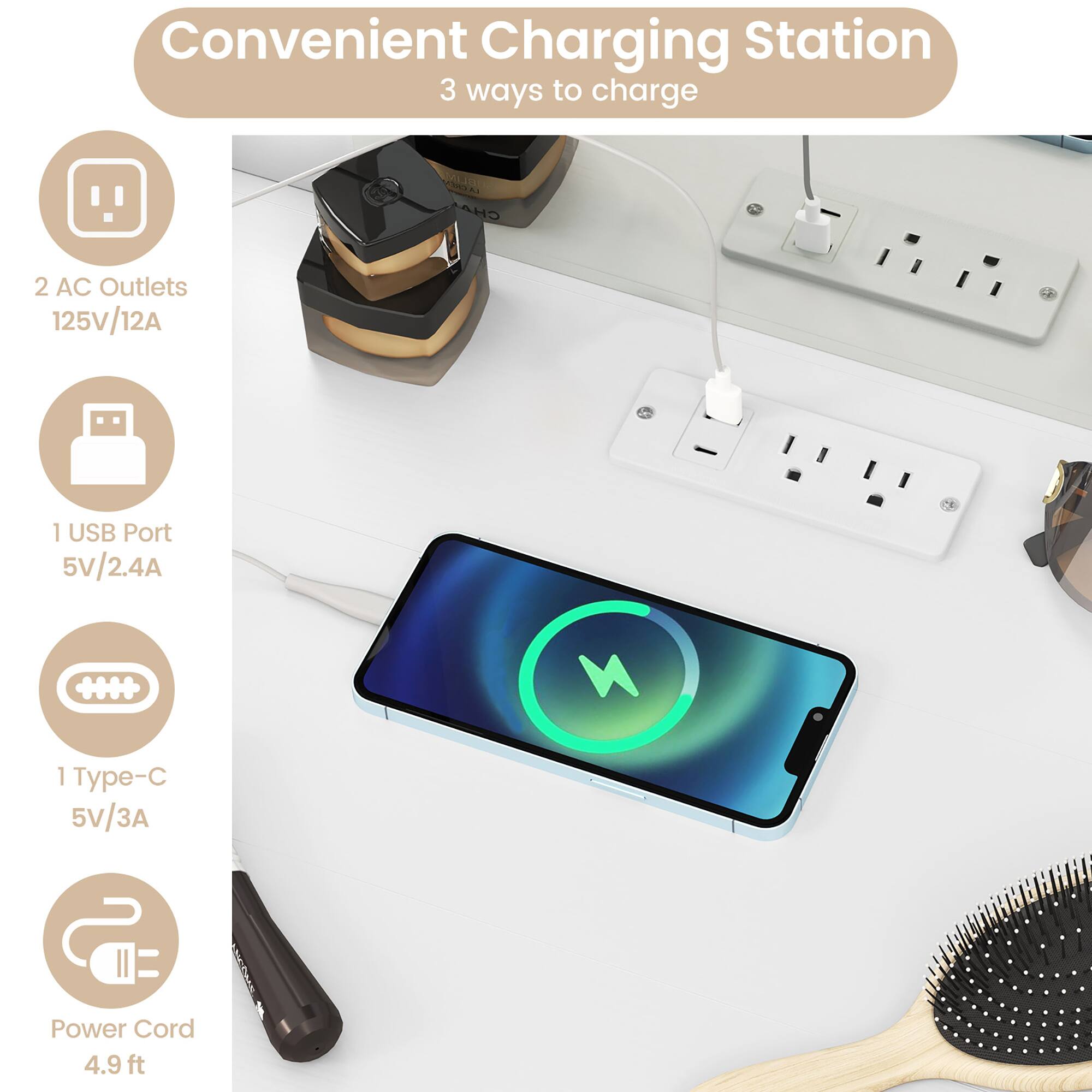 Convenient Charging Station  
3 ways to charge

- 2 AC Outlets  
  125V/12A

- 1 USB Port  
  5V/2.4A

- 1 Type-C  
  5V/3A

- Power Cord  
  4.9 ft