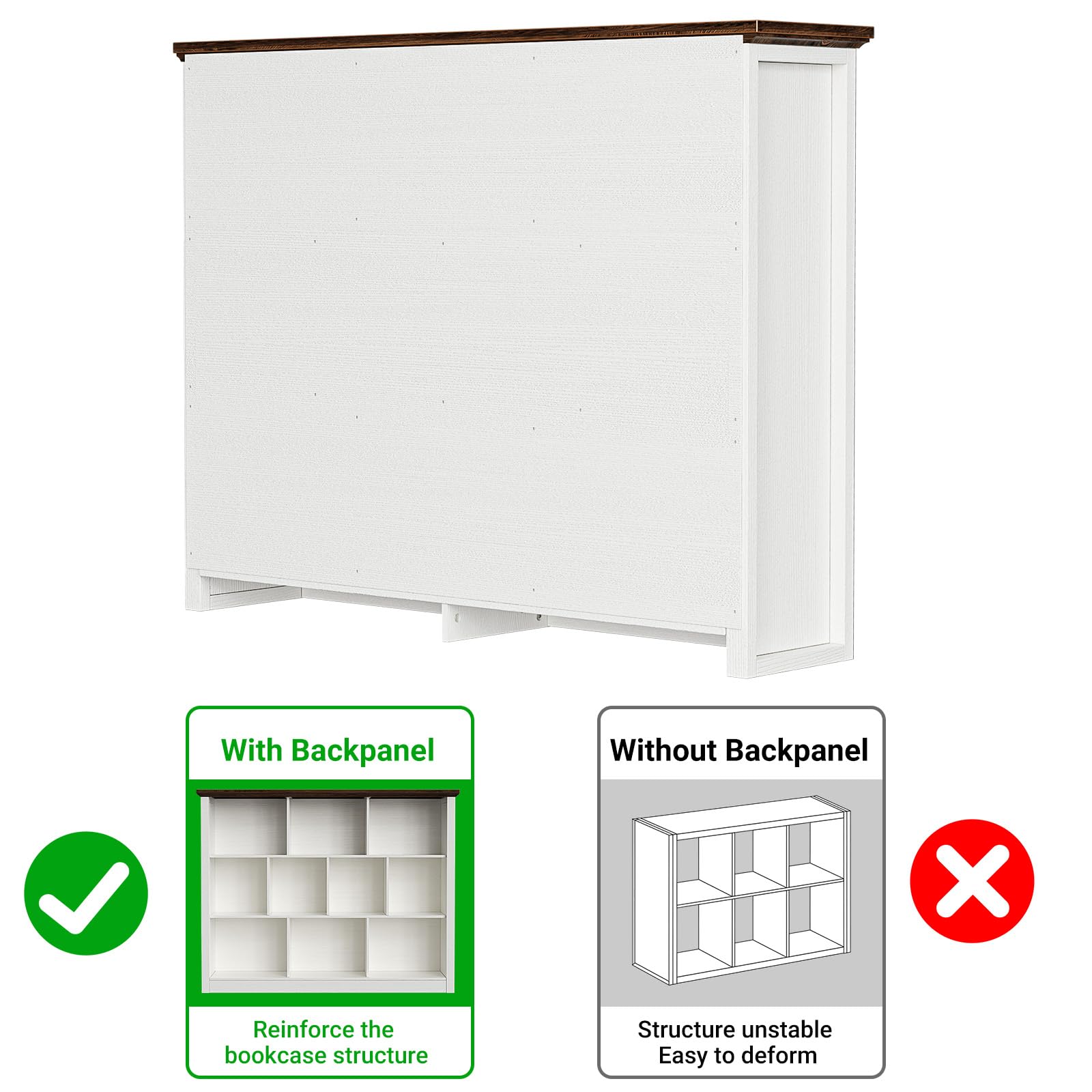 With Backpanel Without Backpanel X Reinforce the bookcase structure Structure unstable Easy to deform