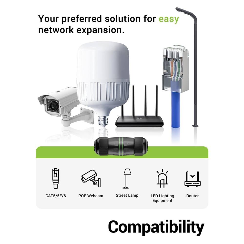 Your preferred solution for easy network expansion.

Compatibility

- CAT5/5E/6
- POE Webcam
- Street Lamp
- LED Lighting Equipment
- Router