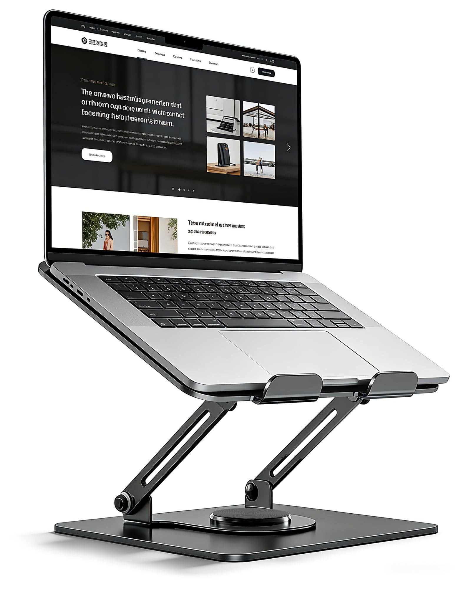 HongFei - 360° Rotating Laptop Stand, Foldable & Height Adjustable Metal Macbook Stand with Ventilated Design, Ergonomic Holder - Black Grey