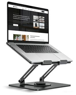 HongFei - 360° Rotating Laptop Stand, Foldable & Height Adjustable Metal Macbook Stand with Ventilated Design, Ergonomic Holder - Black Grey