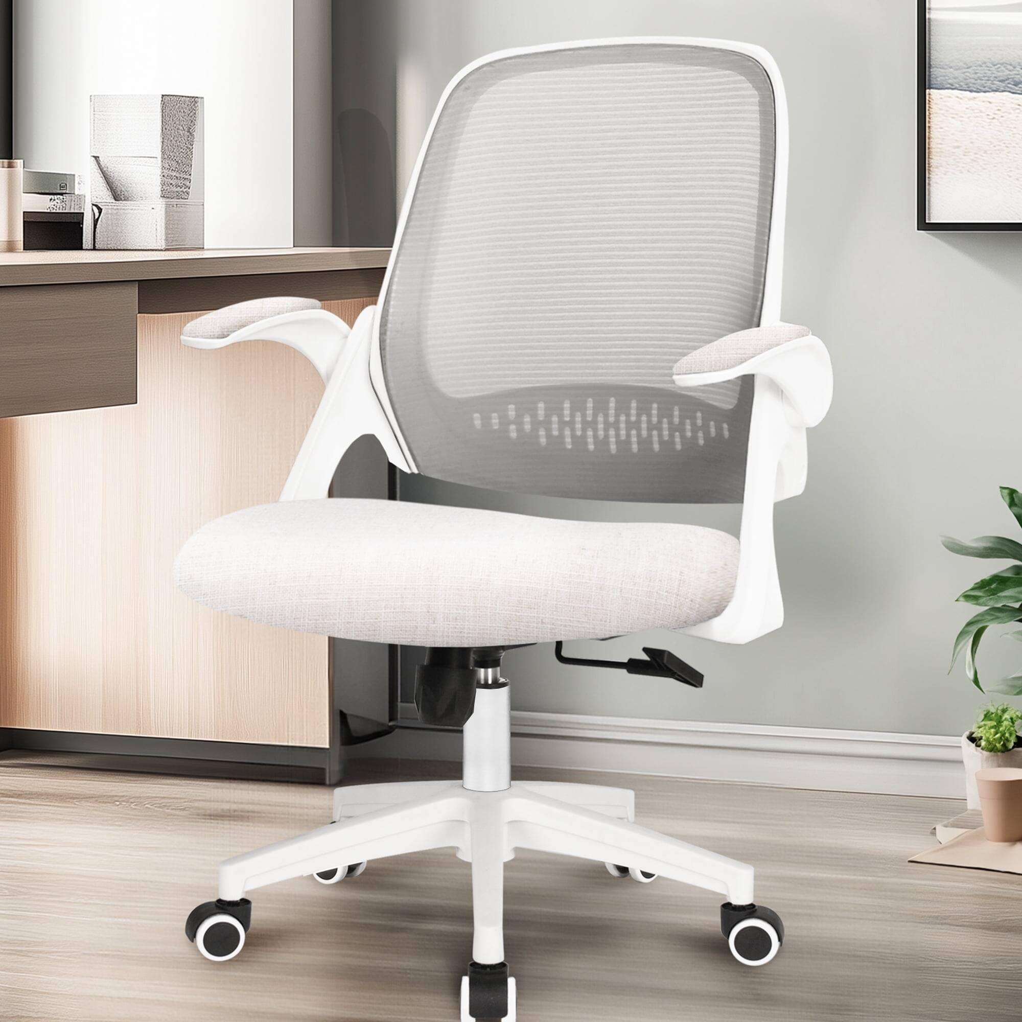 Alt View 2. Neo Chair - Office Desk Chair Computer Ergonomic Lumbar Back Support with Flip-up Padded Armrest and Wheels for Home Vanity Study - Plastic Base-Ivory.