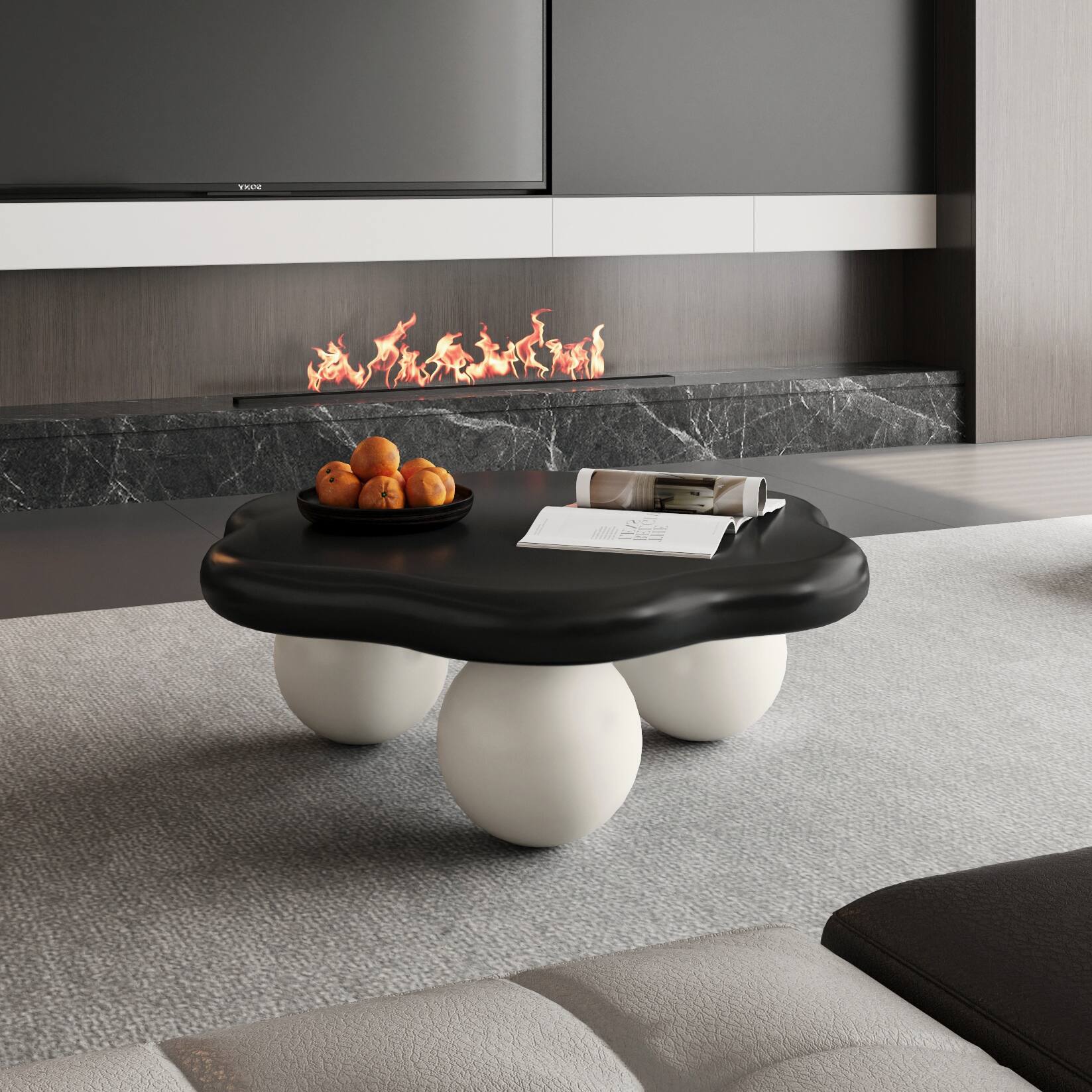 Left. Loheer - Loheer 35 Inch Cloud Shaped Coffee Table Modern Minimalist Petal Living Room Table Black Top White Spherical Legs - Black White.