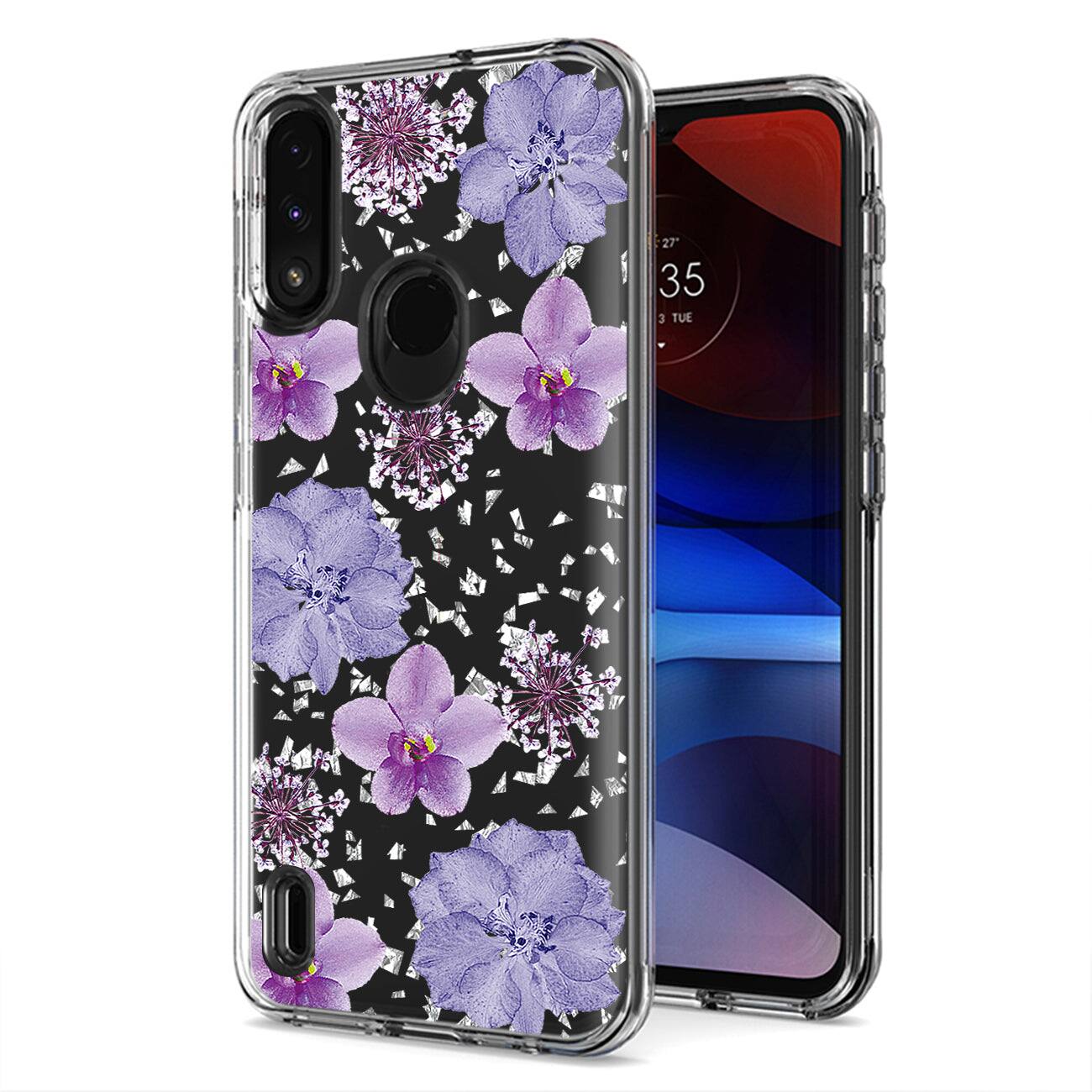 Reiko - Pressed Dried Flower Design Phone Case For Moto E7 Power 2021 In - Purple