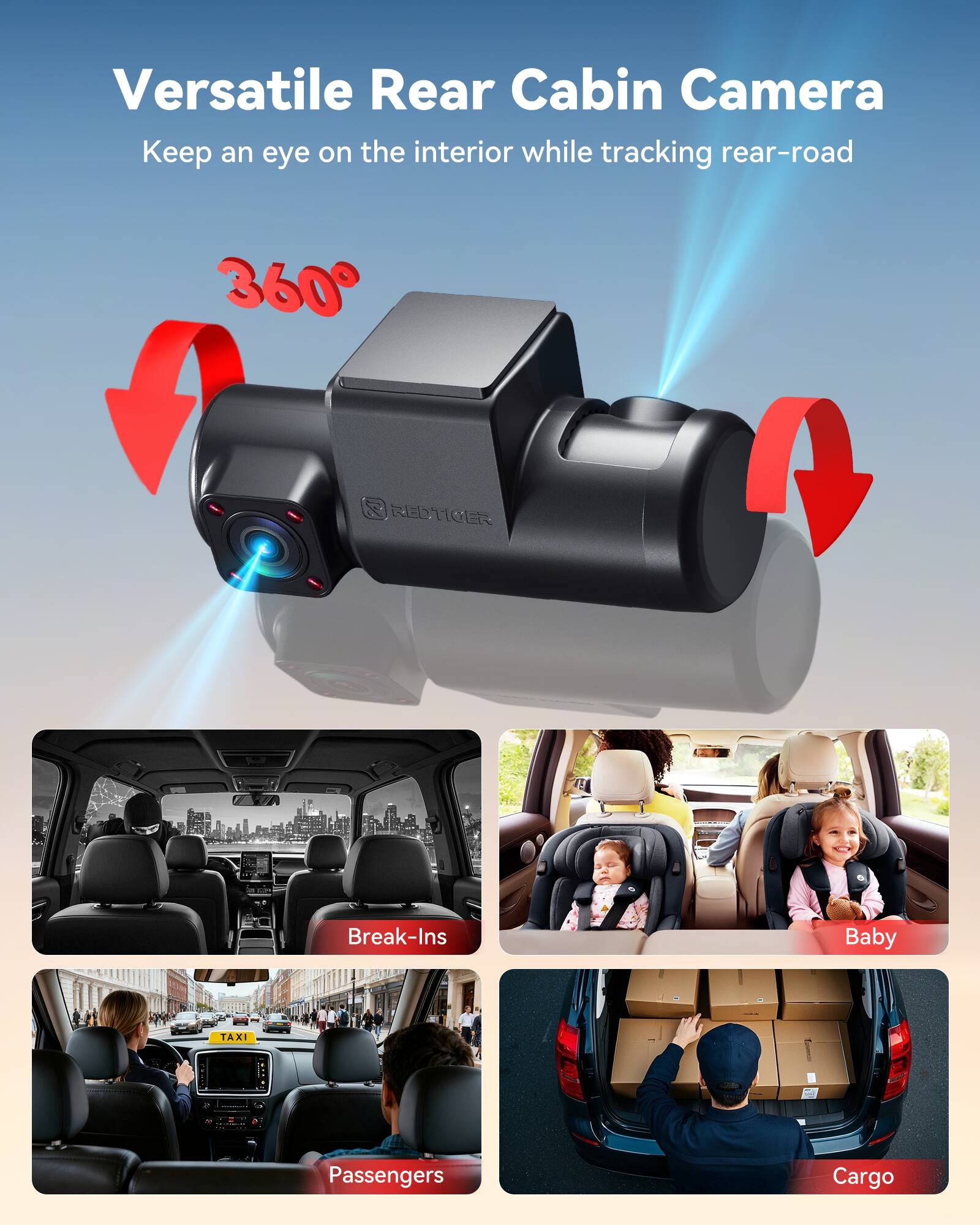Versatile Rear Cabin Camera  
Keep an eye on the interior while tracking rear-road  

360°  

REDTIGER  

Break-Ins  
Baby  
Passengers  
Cargo