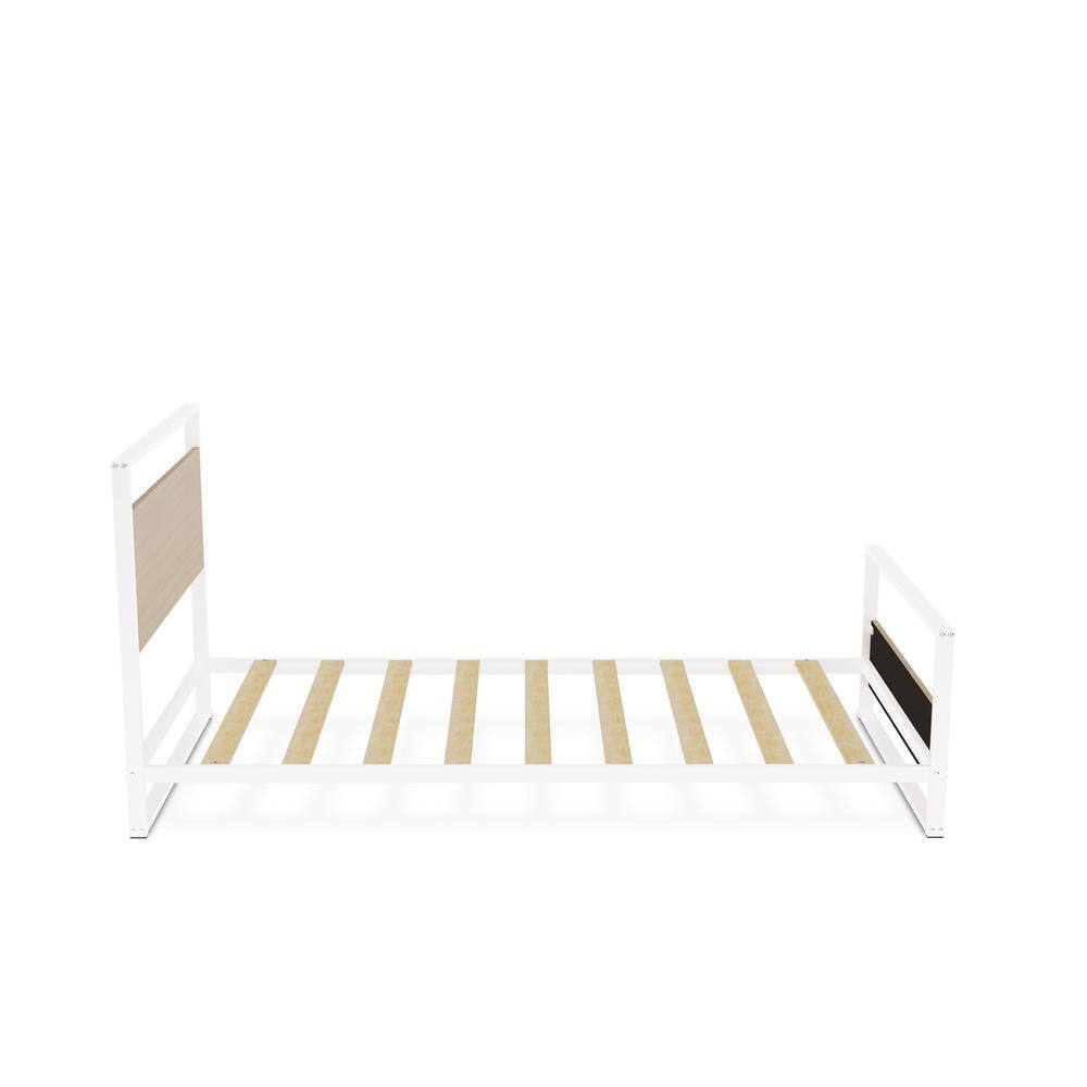 Left. East West Furniture - Erie metal bed frame with 4 Metal Legs - Lavish Bed in Powder Coating White Color and White Wood laminate - White.