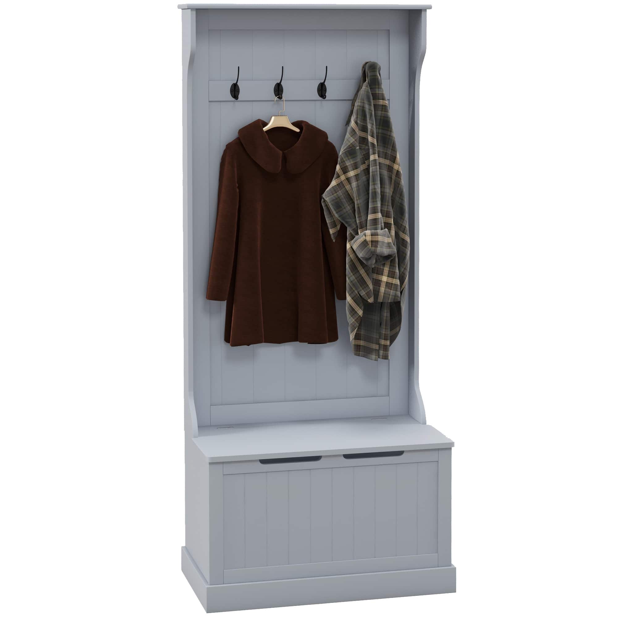 Homcom - Hall Tree with Coat Rack and Sitting Bench, Mudroom Bench with Storage - Gray