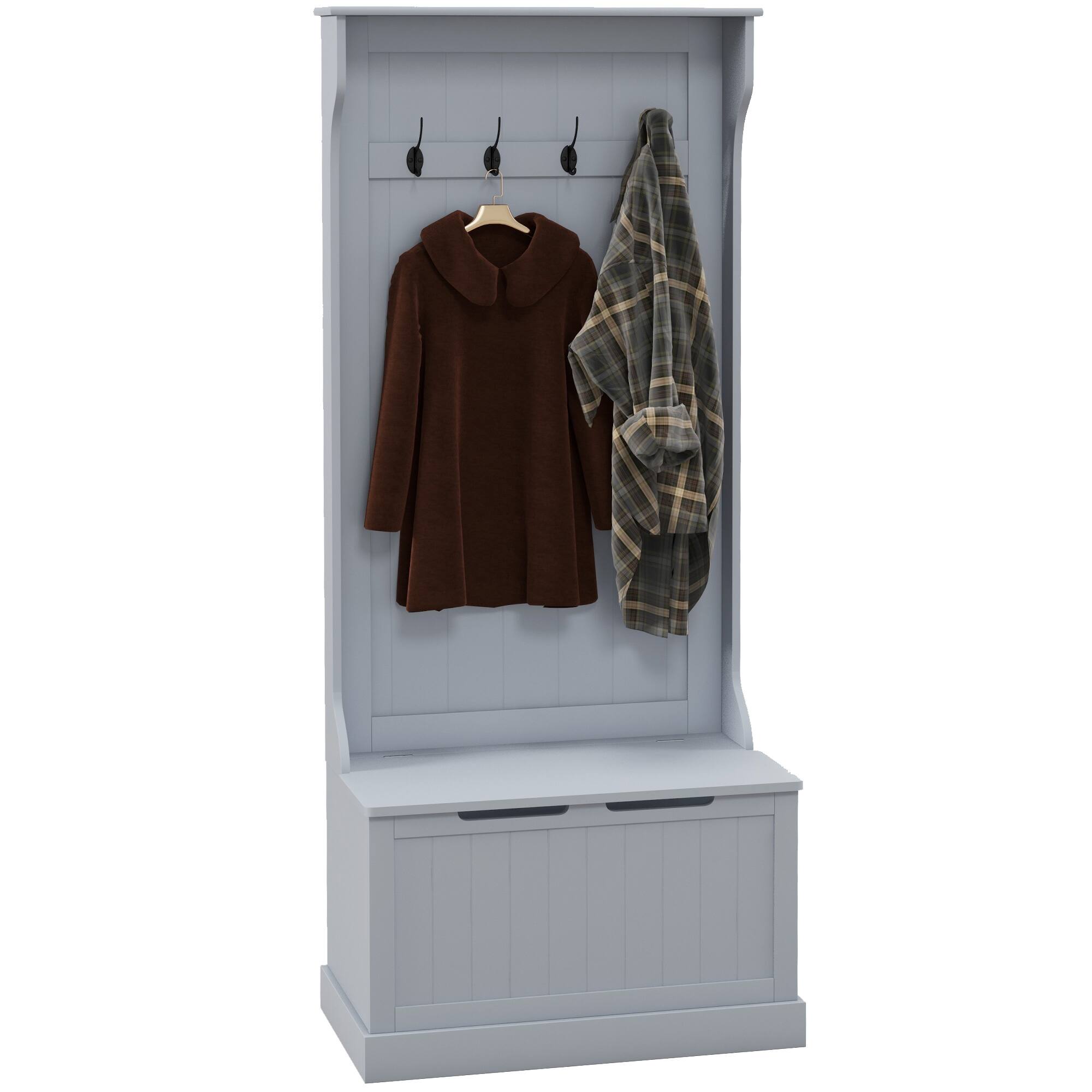 Homcom - 3-In-1 Hall Tree with Shoe Storage, Standing Coat Rack with Shoe Bench, Entryway Organizer with Four Hooks - Gray
