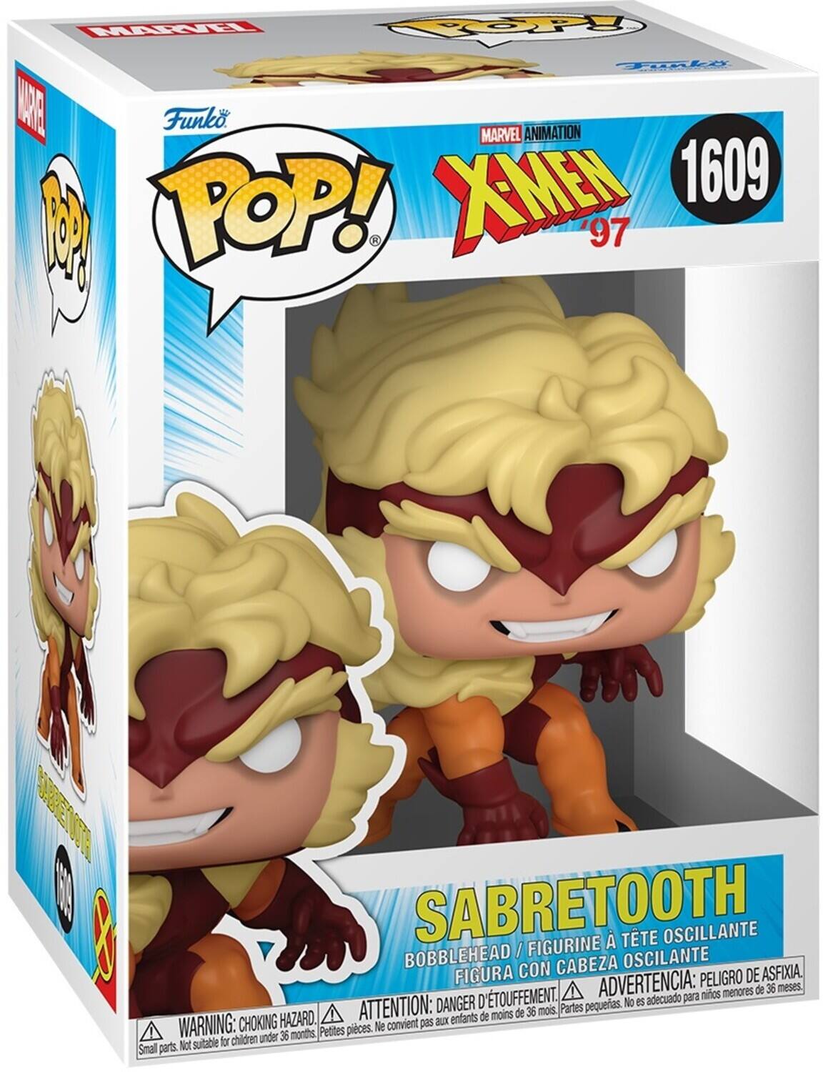 MARVEL POP! Funko MARVEL ANIMATION X-MEN 1609 SPORT POP! '97  
SABRETOOTH / FIGURINE À TÊTE OSCILLANTE BOBBLEHEAD CON CABEZA OSCILANTE FIGURA  
ADVERTENCIA: PELIGRO DE ASFIXIA. ! de 36 meses. D'TOUFFEMENT. para niños menores DANGER pequeñas. No es adecuado HAZARD. ATTENTION: aux enfants de moins de 36 mois. Partes WARNING: CHOKING Petites, pieces. Ne convient pas for children under 36 months. Small parts. Not suitable