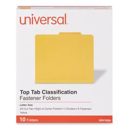 Universal - Bright Colored Pressboard Folders, 2" Expansion, 2 Dividers, 6 Fasteners, Letter Size, Yellow Exterior, 10/Box