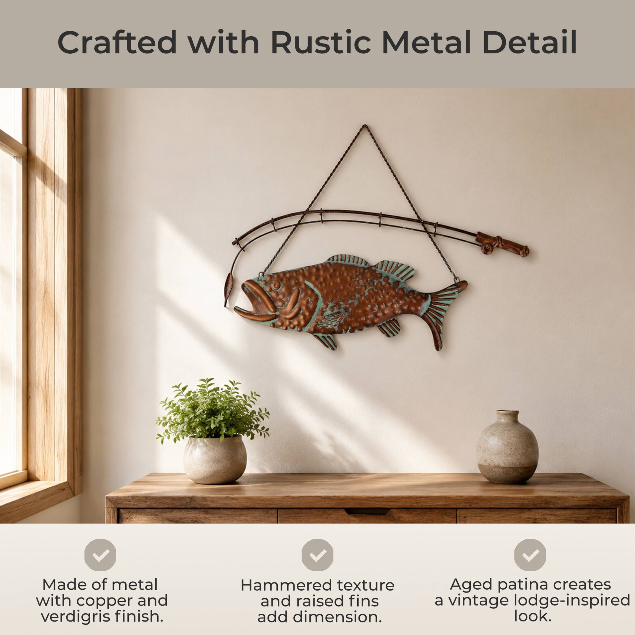 Crafted with Rustic Metal Detail

Made of metal with copper and verdigris finish. Hammered texture and raised fins add dimension. Aged patina creates a vintage lodge-inspired look.