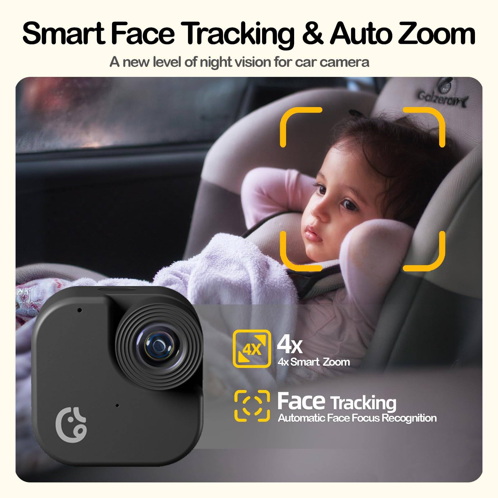 Smart Face Tracking & Auto Zoom  
A new level of night vision for car camera  

4x Smart Zoom  
Face Tracking  
Automatic Face Focus Recognition