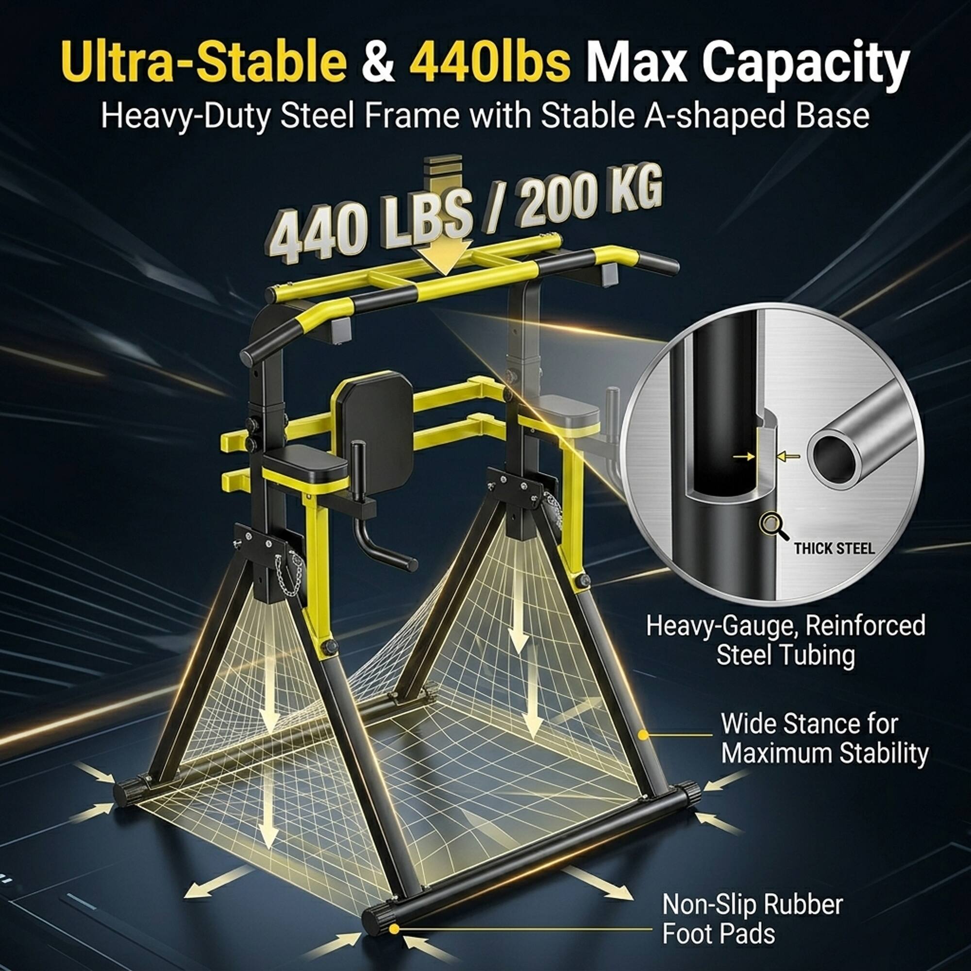 Ultra-Stable & 440lbs Max Capacity Heavy-Duty Steel Frame with Stable A-shaped Base

440 LBS / 200 KG

Heavy-Gauge, Reinforced Steel Tubing

Wide Stance for Maximum Stability

Non-Slip Rubber Foot Pads