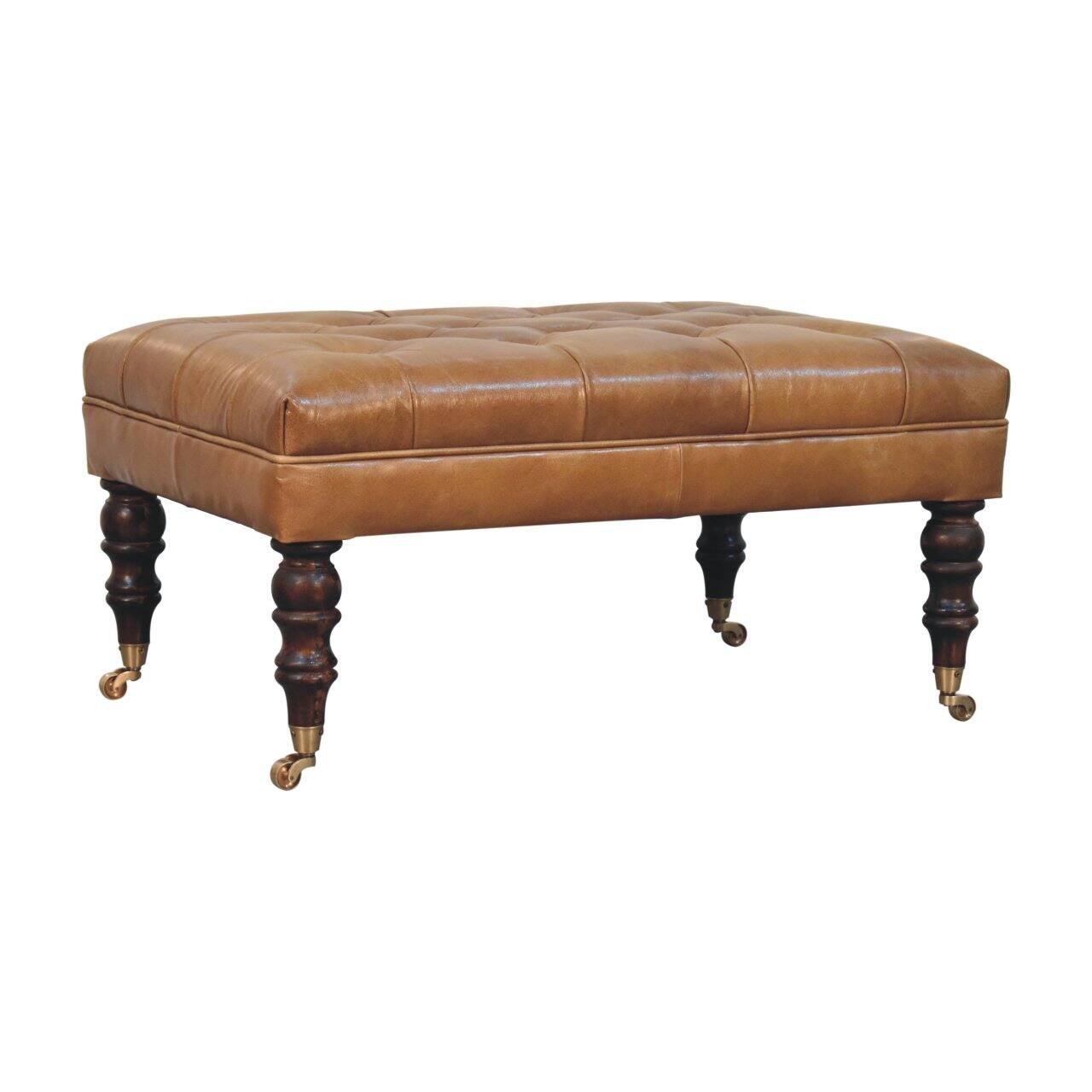Left. Artisan Furniture - Artisan Furniture Solid Wood California Walnut Buffalo Brown Leather Ottoman with Castor Legs, Upholstered, Brown Color - Brown.