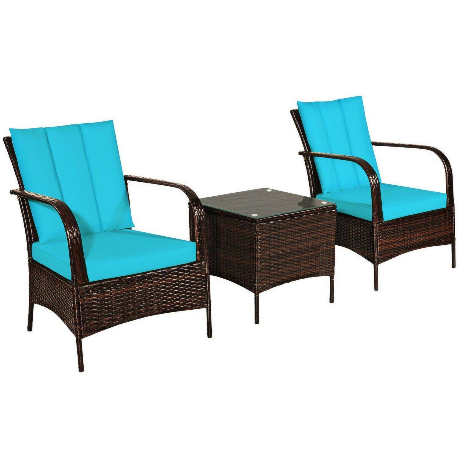 Alt View 2. Kadyn - 3 Pcs Patio Conversation Rattan Furniture Set with Glass Top Coffee Table and Cushions-Turquoise - Blue.