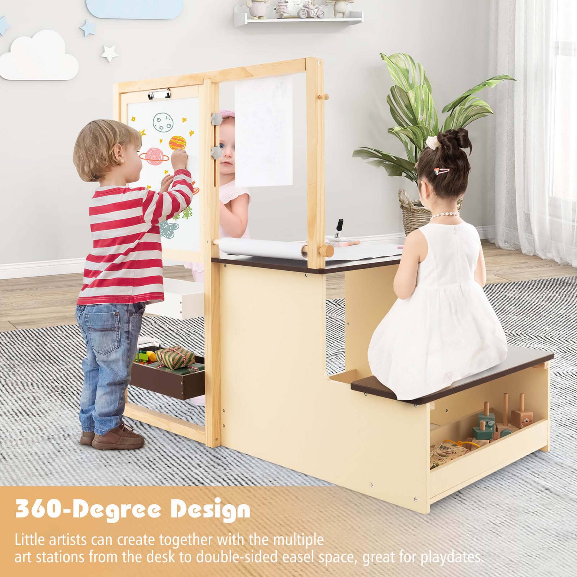 360-Degree Design: Little artists can create together with the multiple art stations from the desk to double-sided easel space, great for playdates.