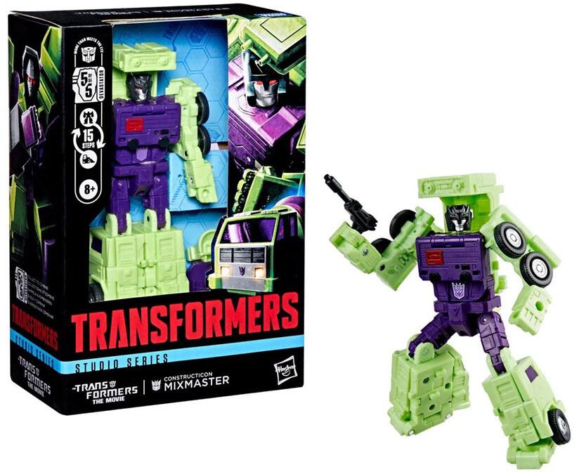 Sure, here is the corrected and grouped text from the image:

---

**TRANSFORMERS**  
STUDIO SERIES  
CONSTRUCTION  
MIXMASTER  
TRANSFORMERS THE MOVIE  

**5+**  
**15 STEPS**  
**8+**  

---

This text is from the packaging of the toy.