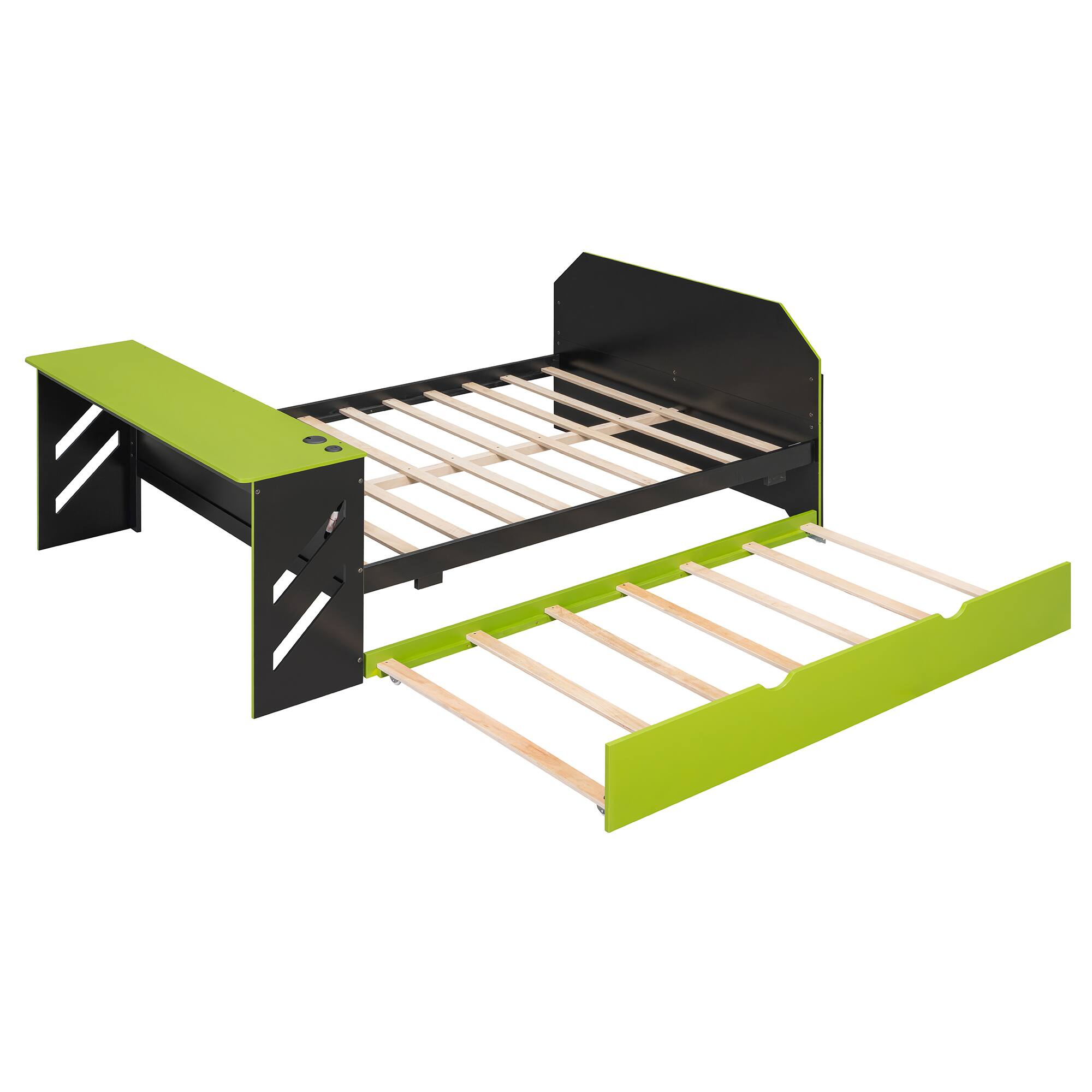 Alt View 1. Anysun - Full Size Wood Daybed with Twin Size Trundle,Desk and USB - Green.