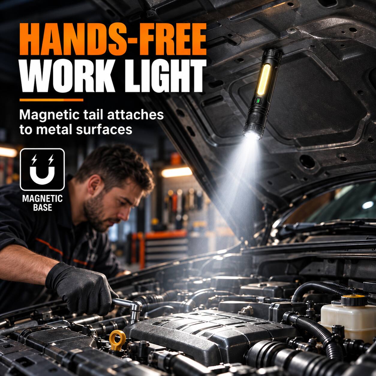 HANDS-FREE WORK LIGHT  
Magnetic tail attaches to metal surfaces  
MAGNETIC BASE