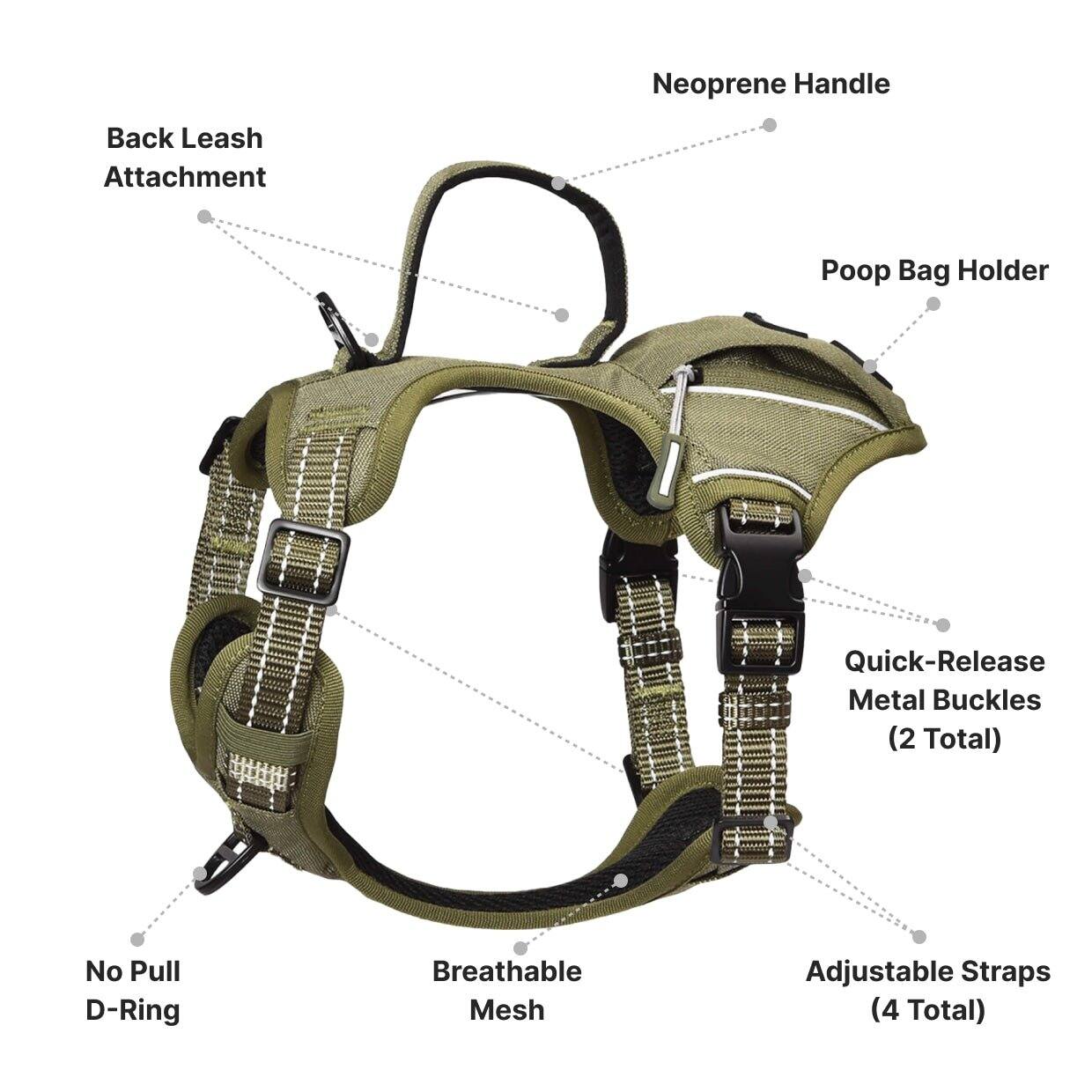 Neoprene Handle  
Back Leash Attachment  
Poop Bag Holder  
Quick-Release Metal Buckles (2 Total)  
No Pull D-Ring  
Breathable Mesh  
Adjustable Straps (4 Total)