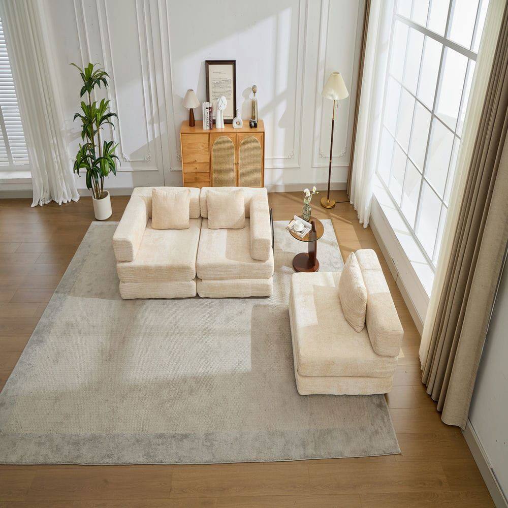 Alt View 4. Kadyn - Boneless Sectional Sofa Bed, Convertible Floor Lounger with Fixed Frame in Soft Chenille Fabric, Beige - Beige.