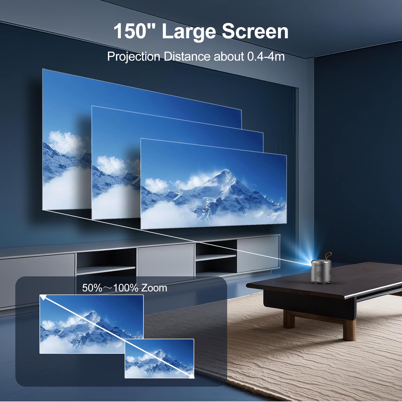 150" Large Screen
Projection Distance about 0.4-4m
50%~100% Zoom