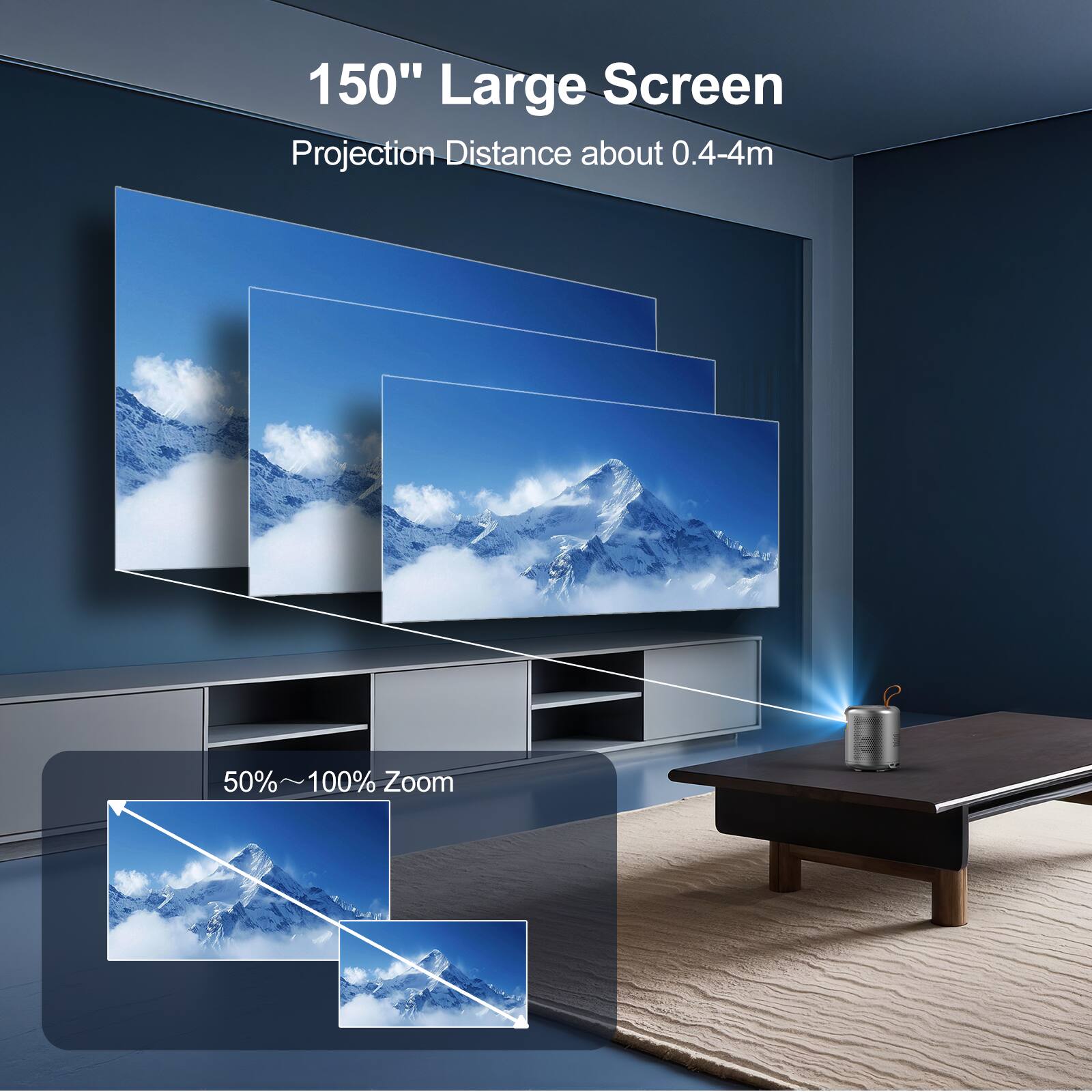 150" Large Screen
Projection Distance about 0.4-4m
50%~100% Zoom