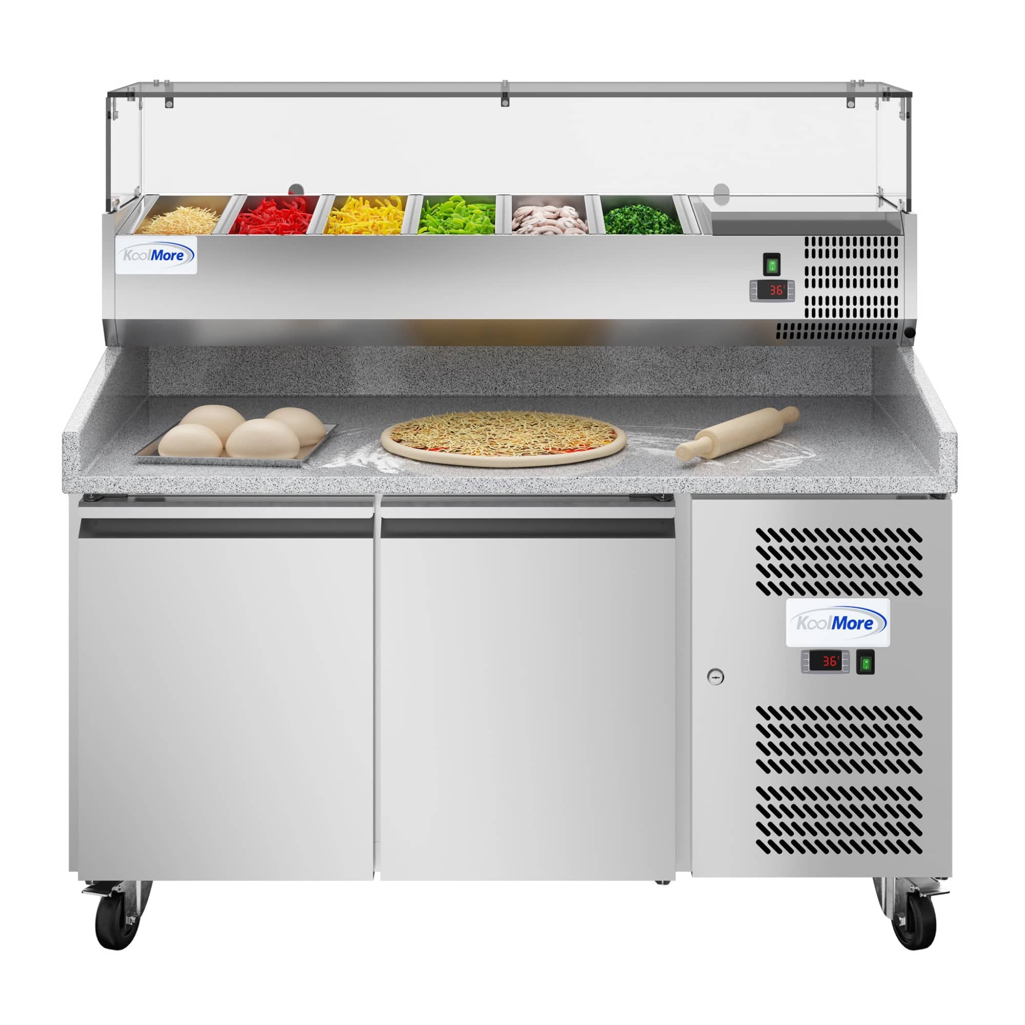 Koolmore - 59 in. Commercial Refrigerated Granite Top Pizza Prep Station with Stainless Steel Refrigerated Condiment Pan Holder - Stainless-Steel