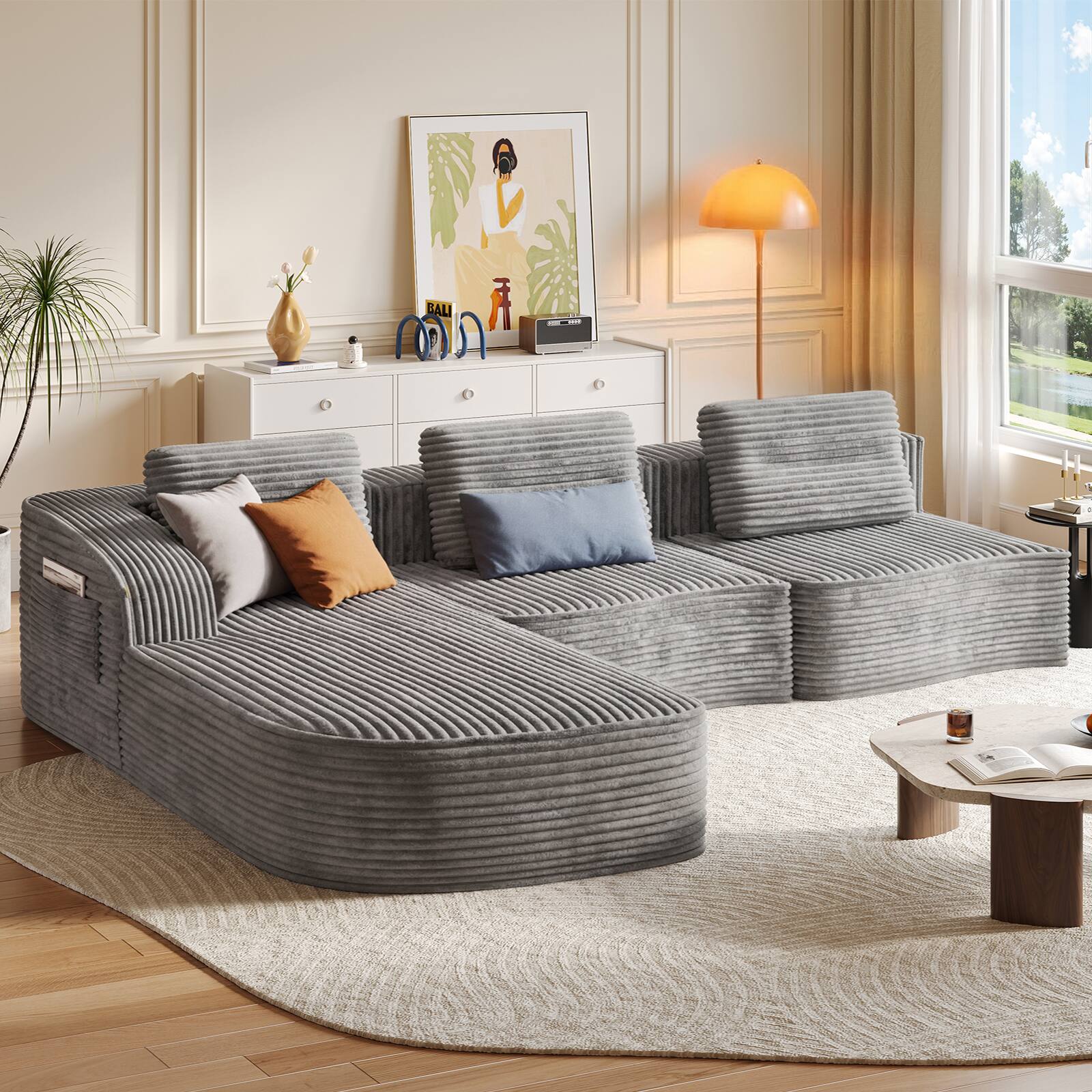 Angle. Pinmoco - PINMOCO Modular Sectional Sofa, Sleeper Sofa Bed with 3 Pillows, Boneless Couch with Side Pockets - Left Chaise Gray.