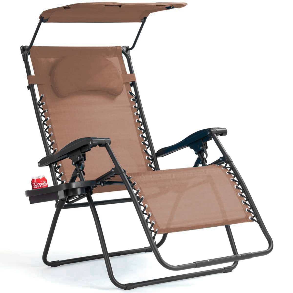 Gymax - Folding Recliner Zero Gravity Lounge Chair W/ Shade Canopy Cup Holder - Brown