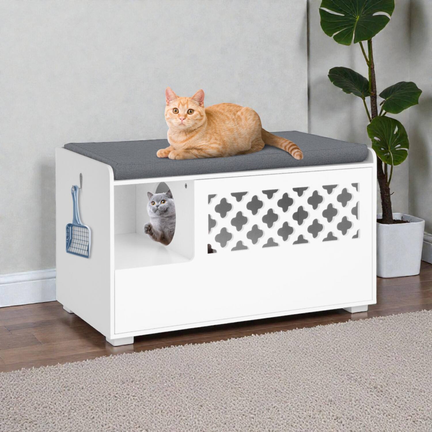 Angle. BreeBe - Cat Litter Cabinet with Front Entry Door and Detachable Cushion Top - White.