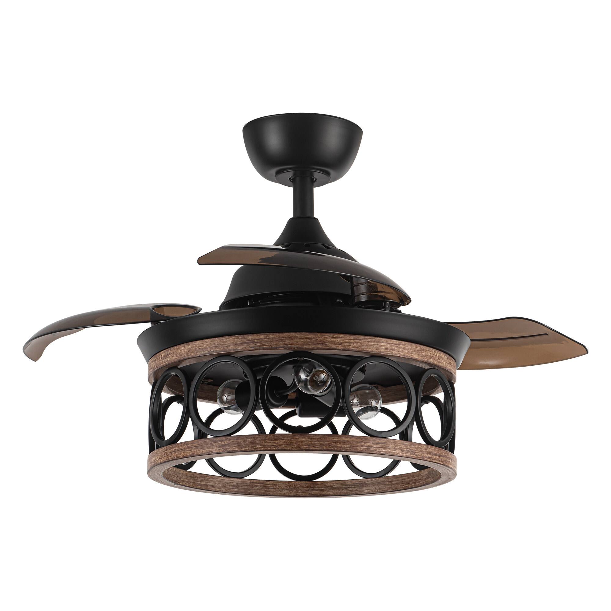 Alt View 2. Parrot Uncle - 36" Metal Retractable 3-Blade Ceiling Fan Chandelier with Wall Switch - Matte Black.