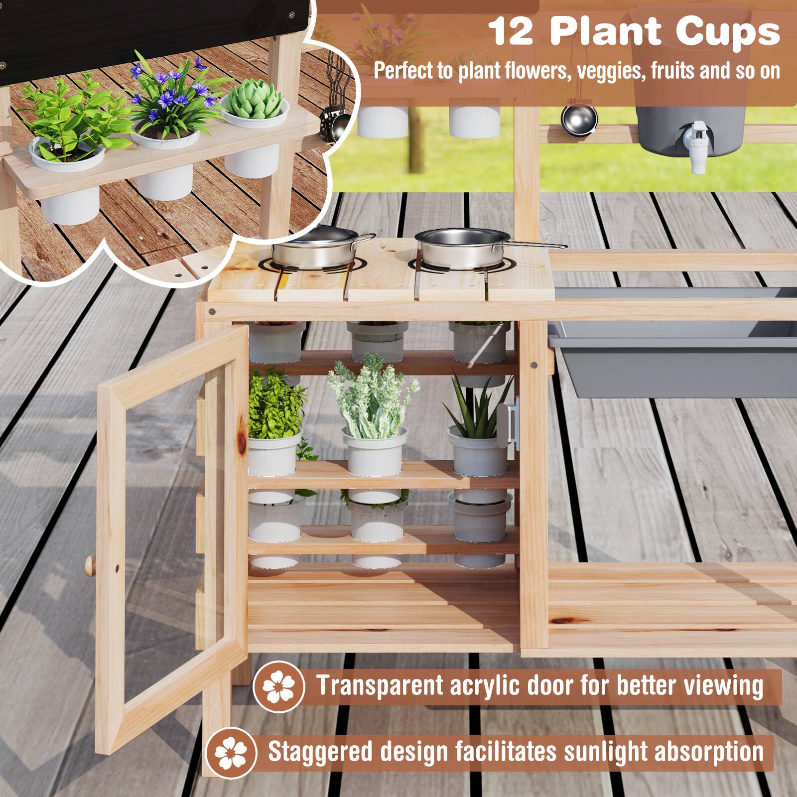 12 Plant Cups  
Perfect to plant flowers, veggies, fruits and so on  

Transparent acrylic door for better viewing  

Staggered design facilitates sunlight absorption