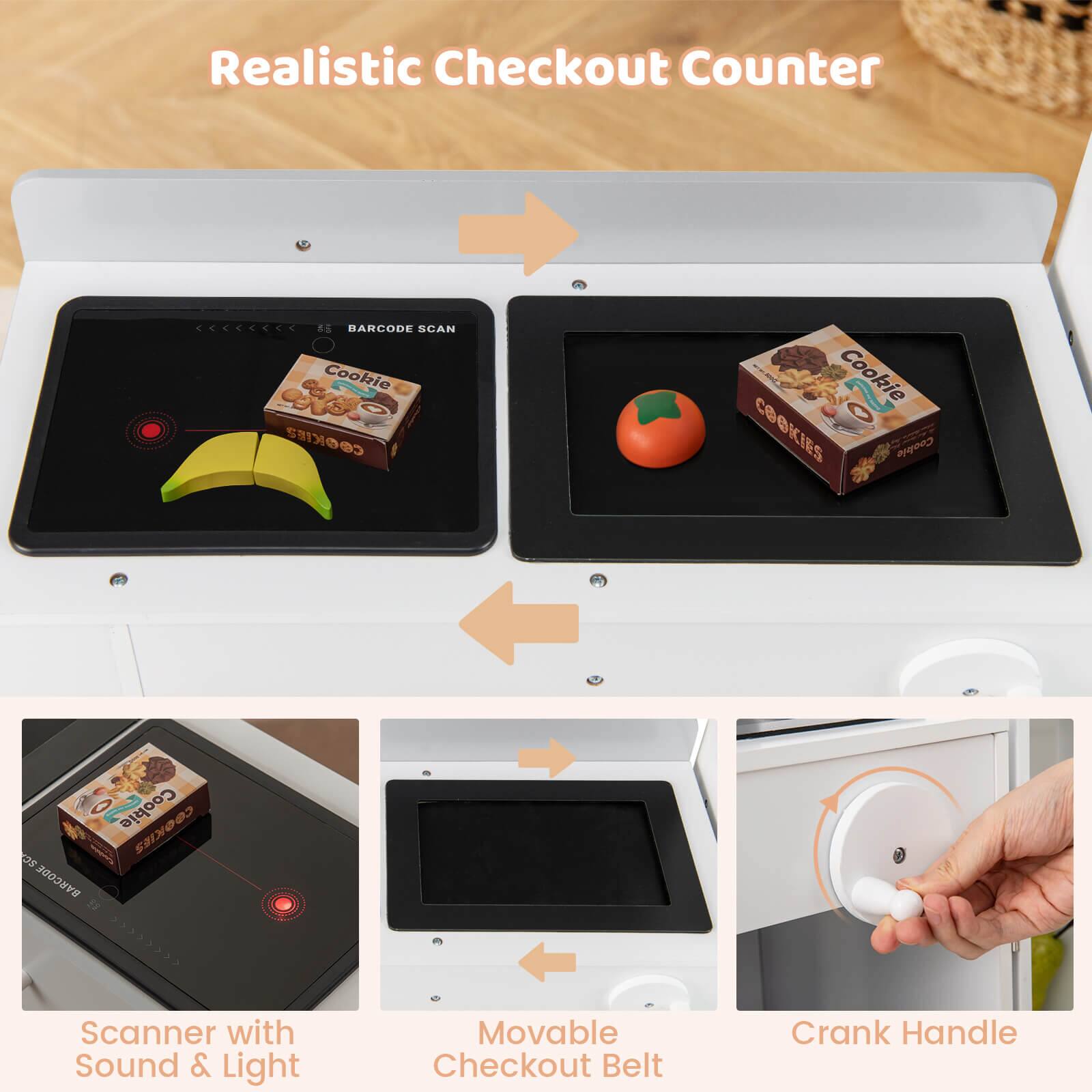 Realistic Checkout Counter

- BARCODE SCAN
- Cookie
- COOKIES
- Cookie
- COOKIES
- Coolrie Cookie
- COOKIES
- E BARCODE SO
- Scanner with Sound & Light
- Movable Checkout Belt
- Crank Handle