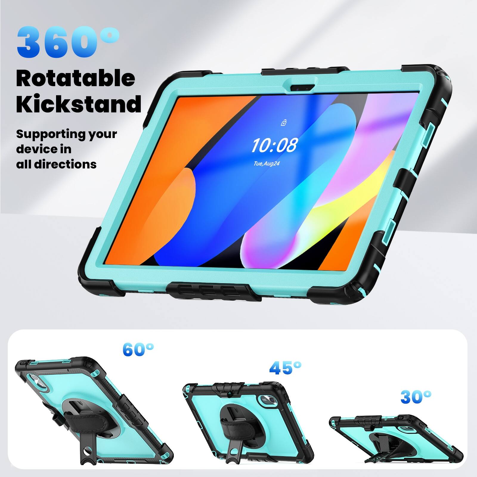 360° Rotatable Kickstand  
Supporting your device in all directions  

10:08  
Tue, Aug 24  

60°  
45°  
30°