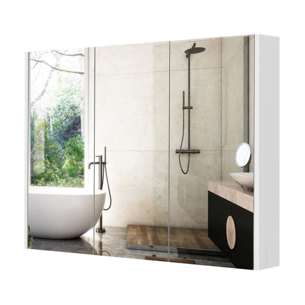 Front. Pefilos - Frameless Bathroom Wall Mounted Mirror Cabinet with 3 Doors and Adjustable Shelves, Bathroom Cabinet for Bathroom - White.