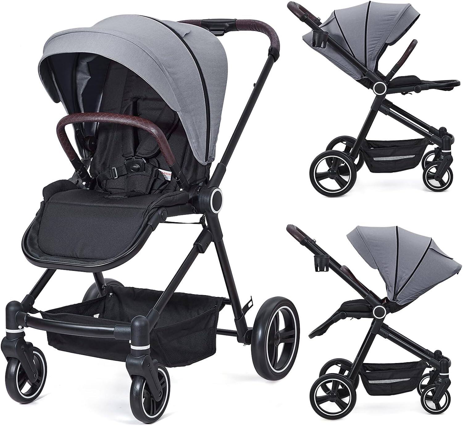 Front. Acekool - Foldable Baby Stroller High Landscape Pram, Reversible Backrest, Adjustable Canopy, Storage Basket, Light Grey - Light  Grey.
