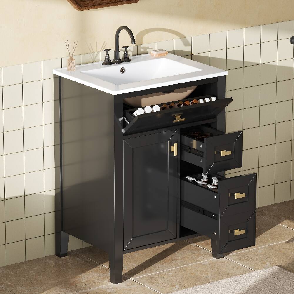 Alt View 2. Loheer - Loheer 24 inch black bathroom vanity with sink, MDF and Rubberwood, 3 Drawers - Black.