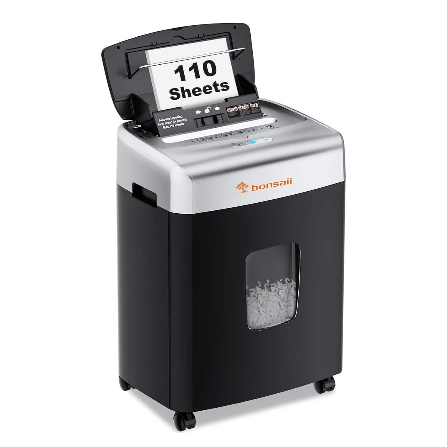 Bonsaii - Heavy Duty Paper Shredder - 110-Sheet 30 Minutes Micro Cut Office Shredder for Commercial Use - 6 Gallon Large Bin - Black