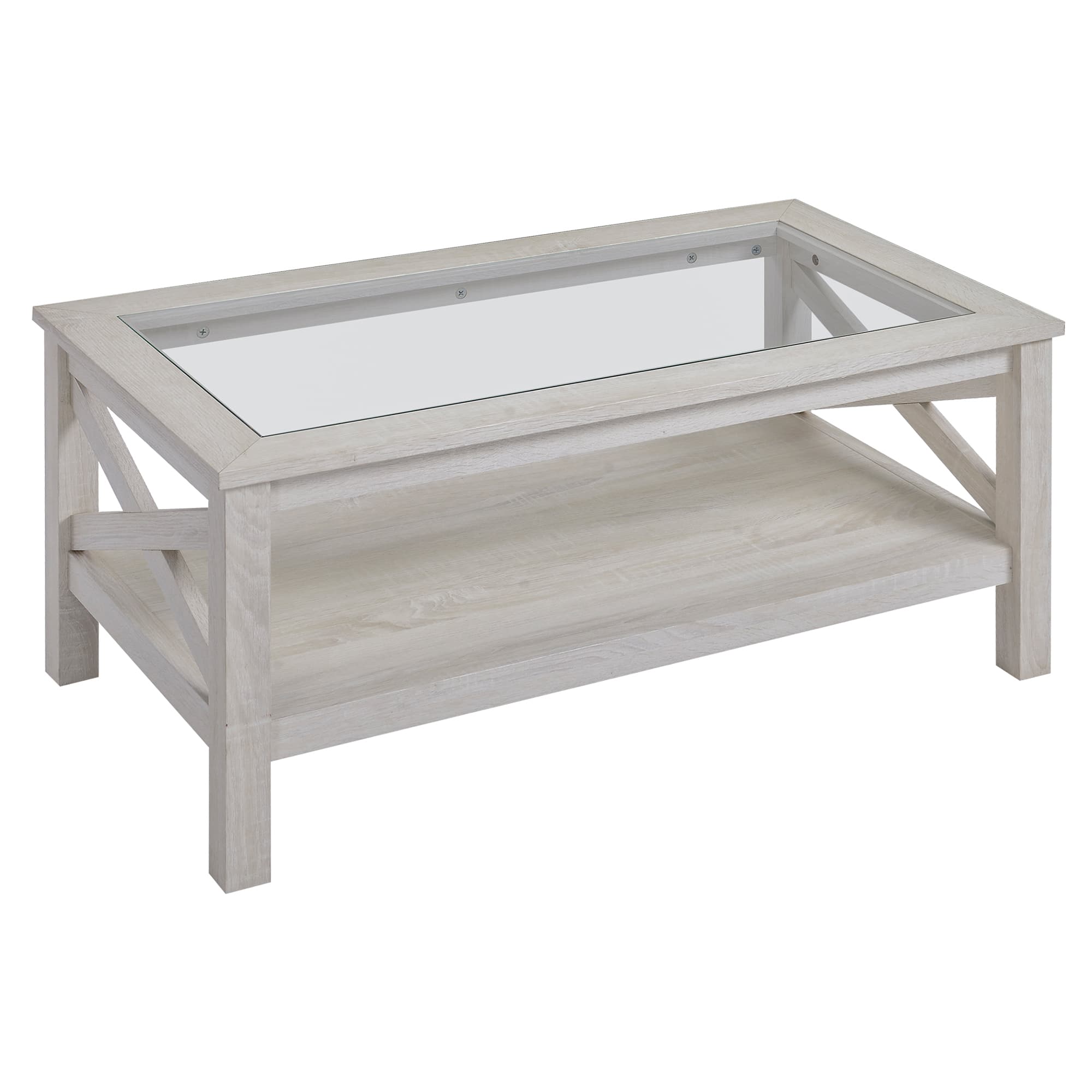 Homcom - Table with Tempered Glass Tabletop, Living Room Table with Wood Frame and Underneath Storage Shelf - White Oak