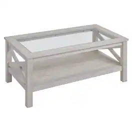 Homcom - Table with Tempered Glass Tabletop, Living Room Table with Wood Frame and Underneath Storage Shelf - White Oak