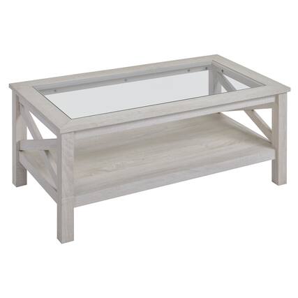 Front. Homcom - Table with Tempered Glass Tabletop, Living Room Table with Wood Frame and Underneath Storage Shelf - White Oak.